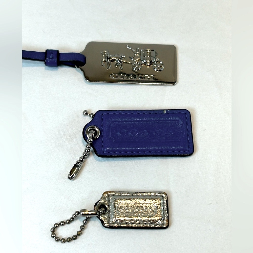 Coach 3 Vintage Silver Horse Carriage, Vibrant Blue & Gold Charm Hang Bag Tags